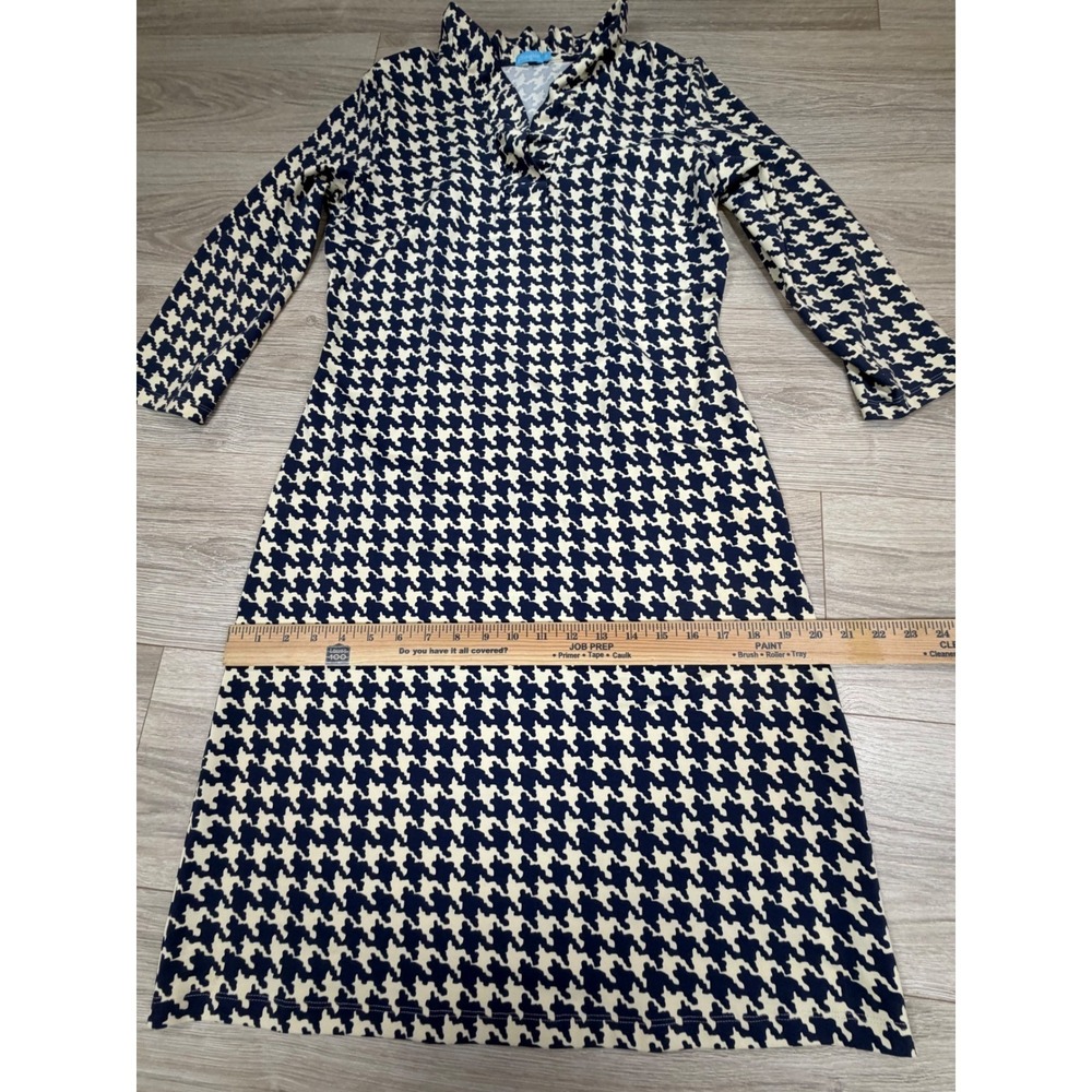 J. McLaughlin Navy Blue Cream Houndstooth Ruffle Neck A-Line Dress Womens Medium - Picture 5 of 9